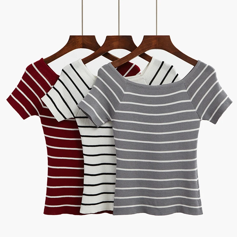 Summer Knitted Tees For Women 2019 Off Shoulder Sexy Pullovers Striped Female Knitting Shirts M L Basic Tops Cool Sweaters Hot | Женская