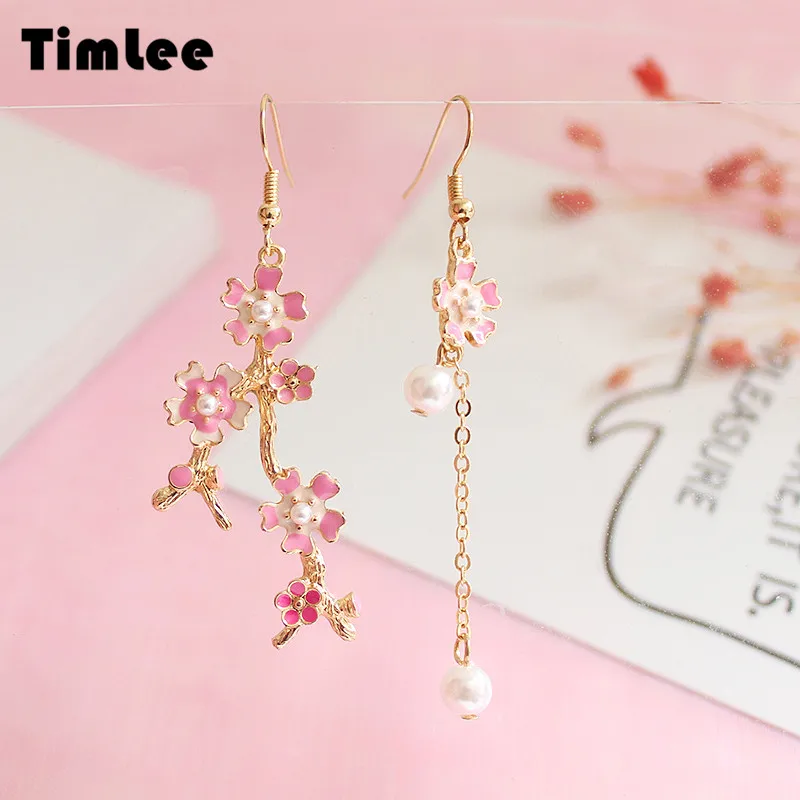 Серьги подвески Timlee E262 длинные ассиметричные серьги из сплава с цветком вишни
