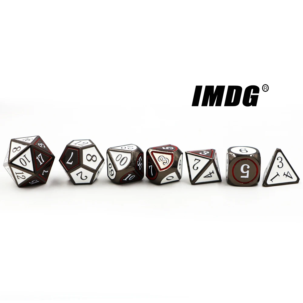 IMDG 7 шт./компл. Творческий RPG игра в кости многогранник металлические игральные кубики DND эмаль двухцветный высекательный пресс машины для черный, белый цвет цифровой игра в кости