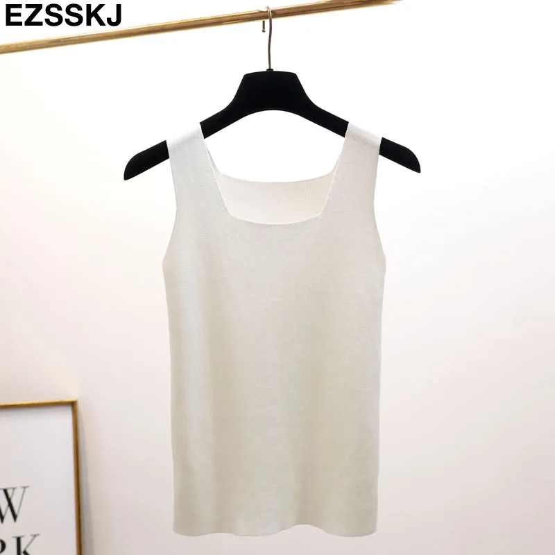 square neck white Сексуальный трикотажный топ, летний топ с круглым вырезом, Женская майка, блузка без рукавов, Тонкий Топ, Женская майка без рукавов, майка, повседневная майка - Цвет: square neck white
