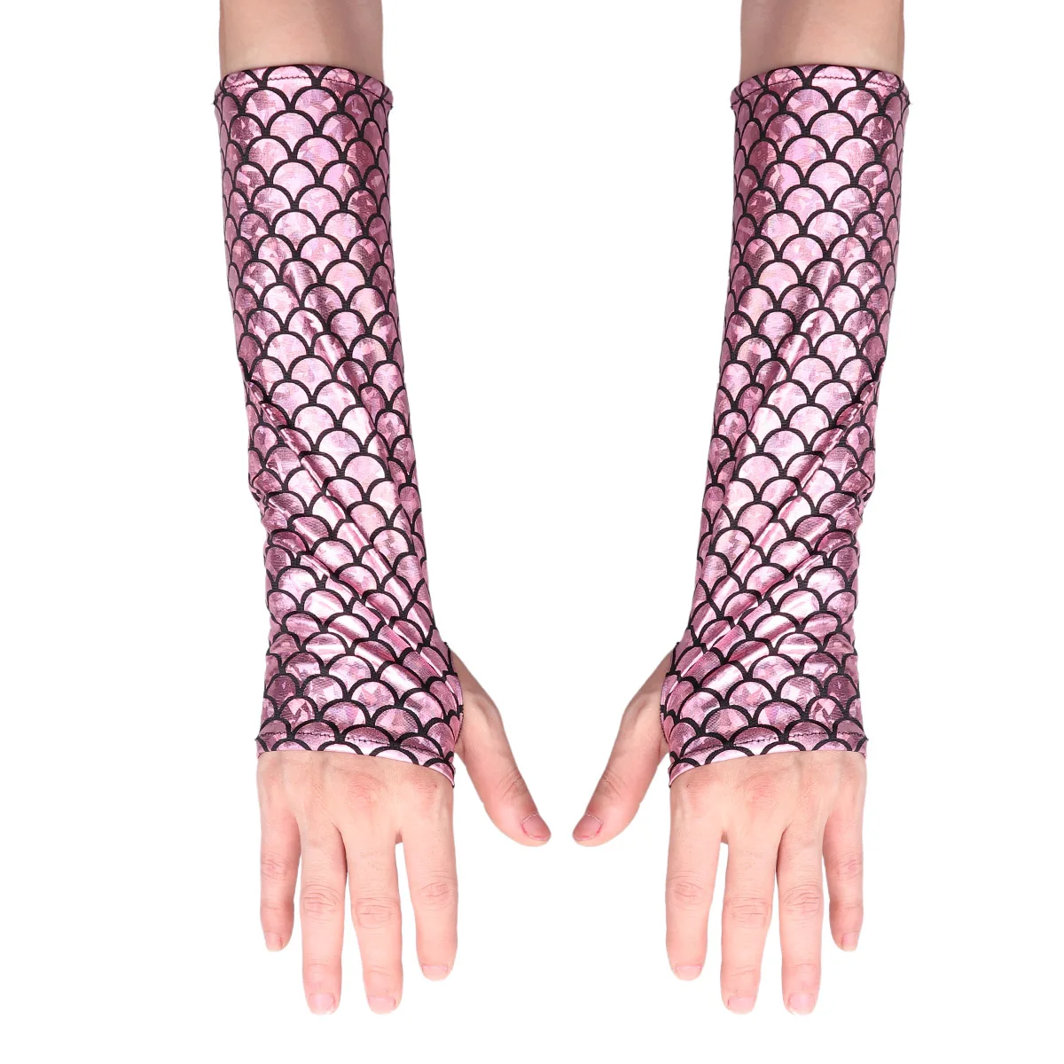 Adult Mermaid Arm Sleeves Gloves Fish Scale Pattern Printed Fingerless Long Gloves Arm Sleeves Halloween Costume Accessory