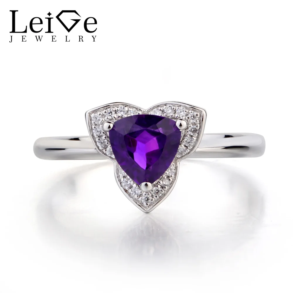 

Leige Jewelry Natural Amethyst Ring Engagement Rings Trillion Cut 925 Sterling Silver Purple Gemstone Ring February Birthstone