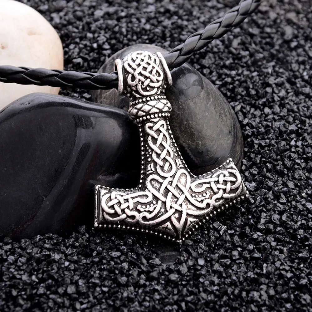 1pcs Norse Vikings Amulet PENDANT Necklaces Hammer Of Thor Mjolnir Pendant Leather Rope Necklaces Animal Knot Viking Jewelry