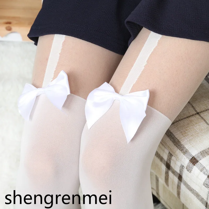 Shengrenmei Для женщин Винтаж белый колгитки с бантом Колготки Лук подтяжки чулки челнока