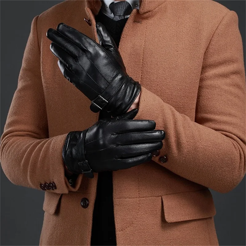 Humusan мужские перчатки из натуральной кожи зимние толстые теплые черные