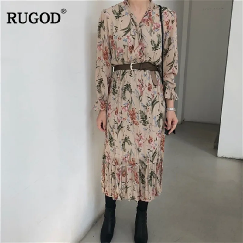 RUGOD платье летнее Винтаж цветочный принт для женщин Мода V образным вырезом