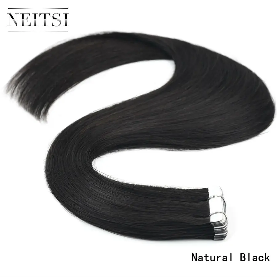Natural Black Neitsi, прямые, кожные уток, клейкие волосы, не Реми, на ленте, человеческие волосы для наращивания, 1" 20" 2", двухсторонняя лента - Цвет: Natural Black