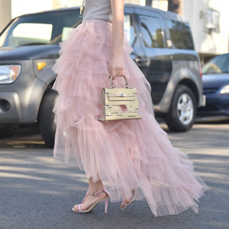 

Unique 2018 Pink Tulle Skirts For Pretty Women Chic Special Tiered Ruffles Tutu Skirt High Low Female Adult Maxi Skirt