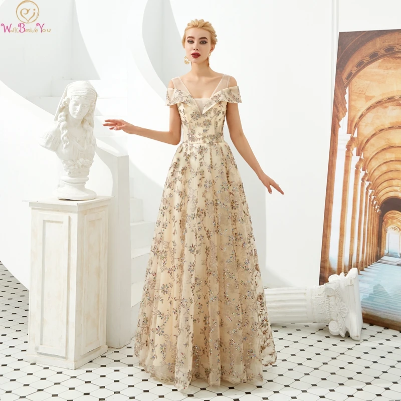 

Женское вечернее платье с открытыми плечами, длинное золотистое платье с V-образным вырезом и яркими блестками, элегантное бальное платье д...