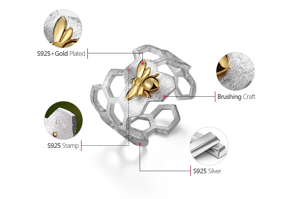 Lotus Fun, настоящее 925 пробы, серебро, 18 К, золото, пчела, кольца, натуральный дизайн, хорошее ювелирное изделие, домашняя защита, соты, Открытое кольцо для женщин