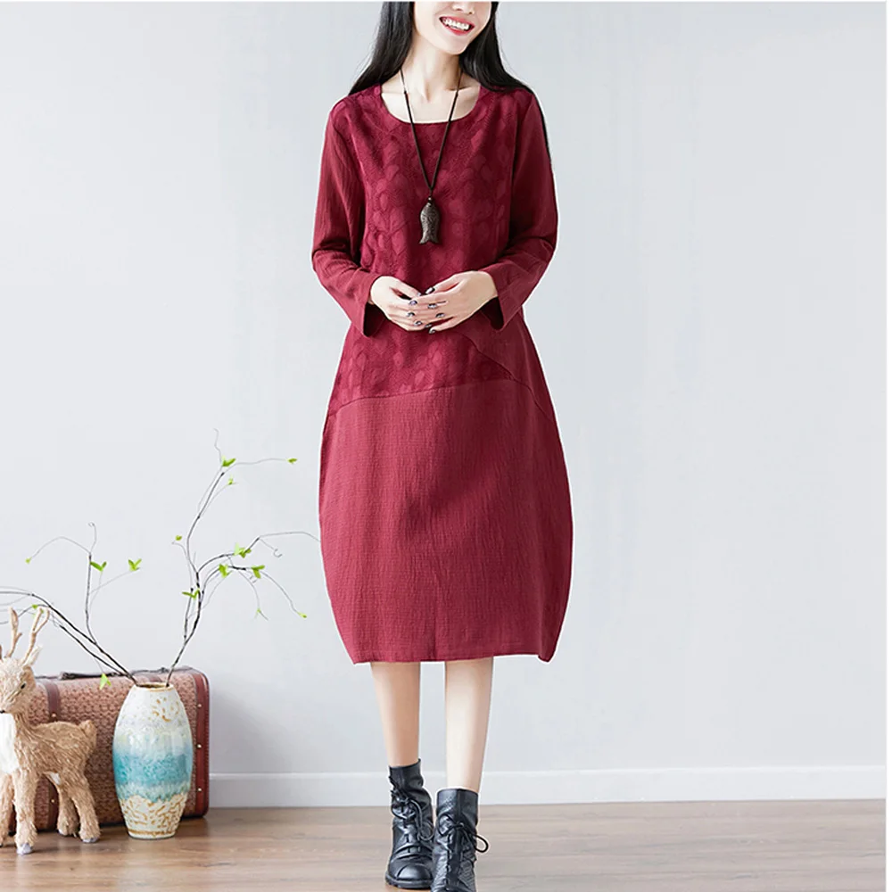 Жаккардовое льняное платье-кокон с длинными рукавами | Женская одежда