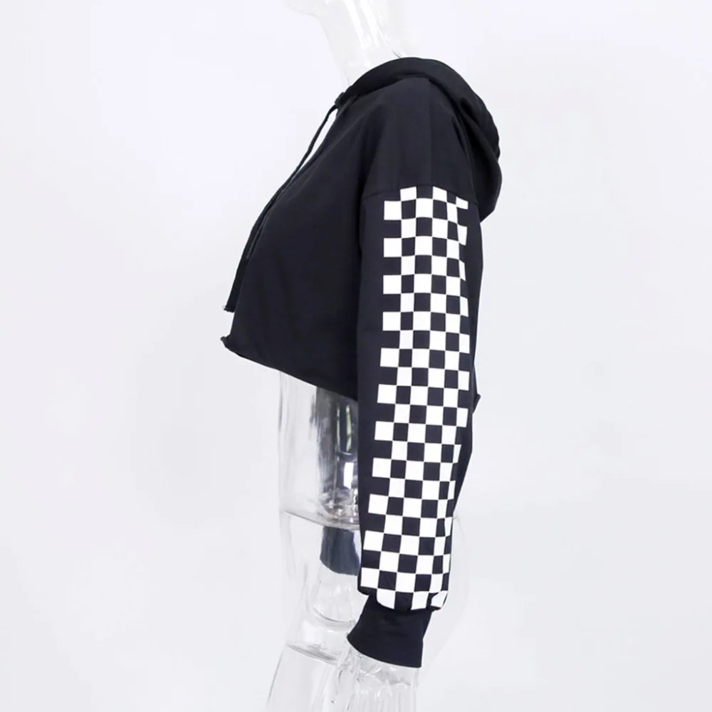Womens Girls Short Sweatshirt Plaid Cropped Tops Pullover Hoodies Drawstring New | Женская одежда