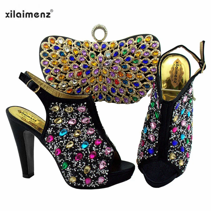 

High Quality Black Color Women wedding shoes with matching bags platform shoes Ladies shoe and bag set for Royal Party