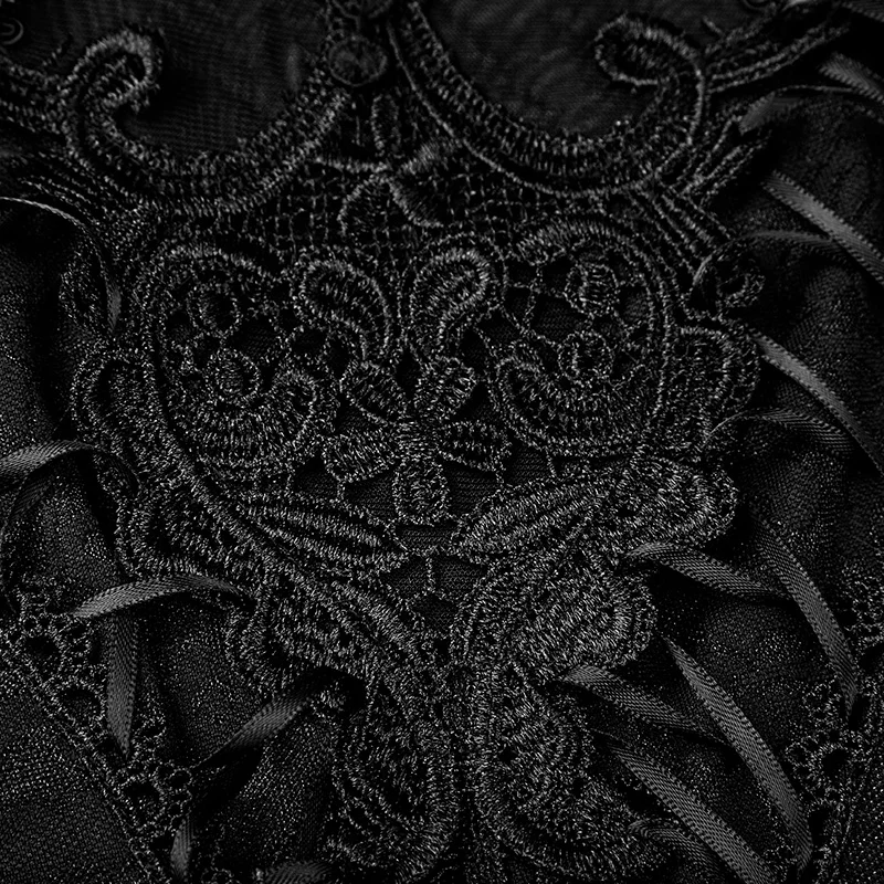 PUNK RAVE 2018 New Arrivals Women Sleeveless T-Shirt Gothic Gorgeous Fringed Lace Collar Draw String T-shirt | Женская одежда