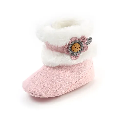 Pink Мокасины для новорожденных девочек; зимние теплые меховые сапоги; обувь принцессы с цветочным рисунком; Рождественская резиновая подошва; детская обувь; - Цвет: Pink