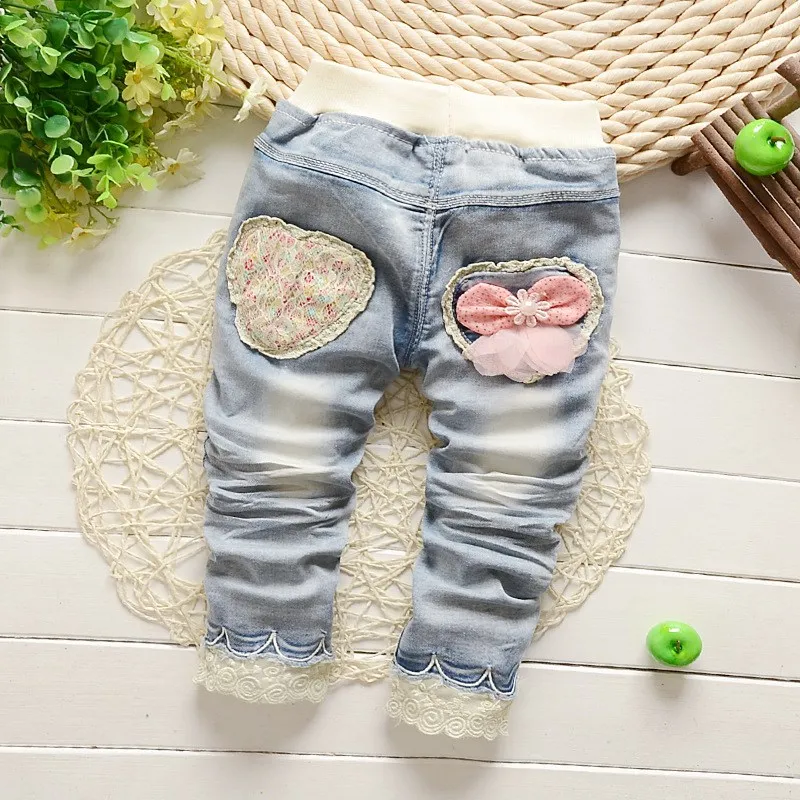 Сезон осень весна Джинсы для маленьких девочек с потертостями Roupas Кружевные