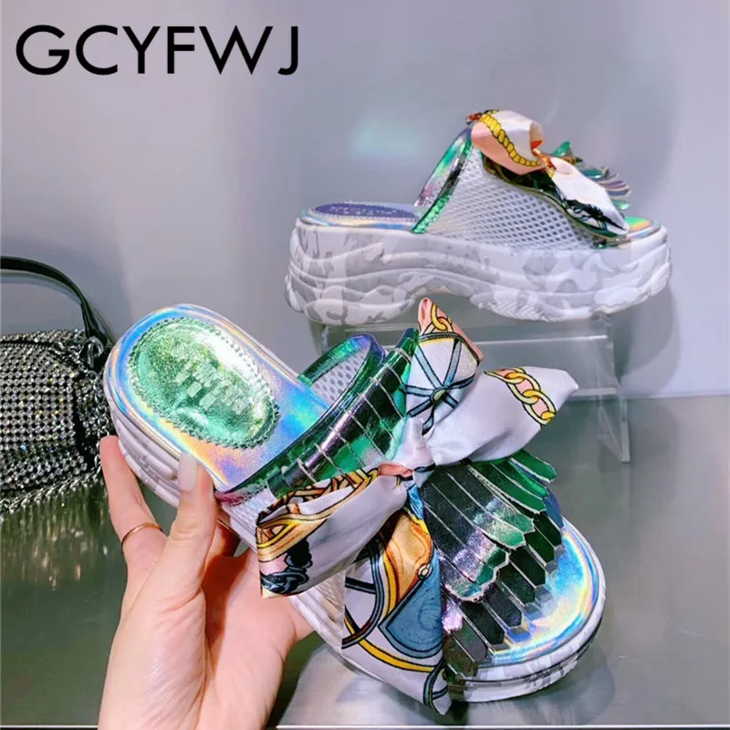 GCYFWJ/шлепанцы на платформе; женские босоножки из воловьей кожи с бахромой и бантом; Новинка года; сезон лето; Разноцветные женские туфли, увеличивающие рост - Цвет: green
