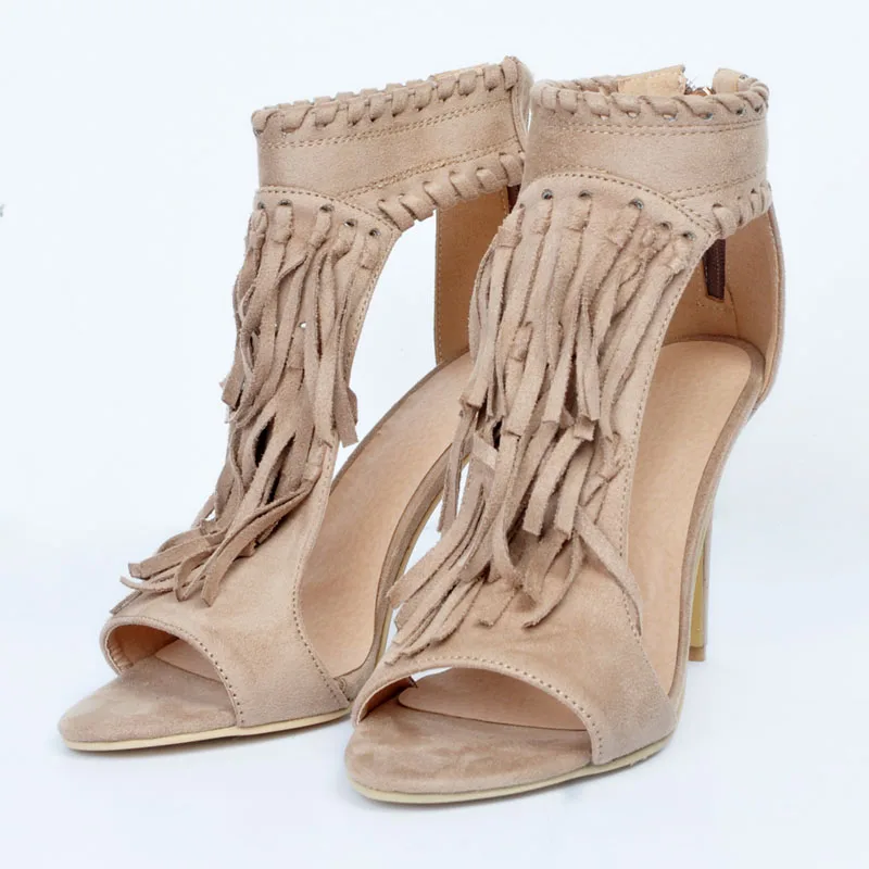 Sexy Summer Ladies Long Fringe Covered Sandal Bottines Stiletto High Heels Sandals Ankle Boots Peep toe Zip Dress Booties Shoes