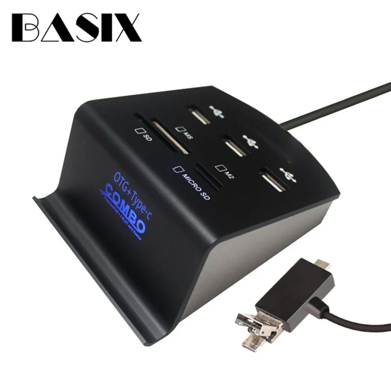 BASIX Тип C/Micro USB OTG HUB адаптер нескольких Usb с 3* USB2.0, SD/Micro SD/M2/MS card reader USB разветвитель для ноутбука Macbook Pro