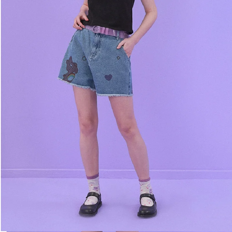 Женские джинсовые шорты винтажные с высокой талией рваные принтом медведя лето