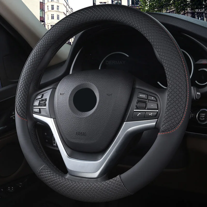 Черный DERMAY кожаный Универсальный автомобильный чехол на руль 38 см, автомобильный Стайлинг, спортивный авто чехол на руль, противоскользящий - Название цвета: Черный