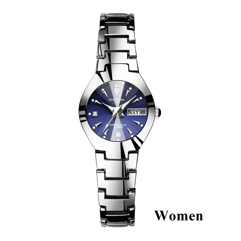 Women Silver Blue Couple Watches for Lovers Kingnuos Brand Quality Quartz Wrist Watch Men and Women Watches Date Week Luminous Display Pair Hours - Цвет: Women Silver Blue