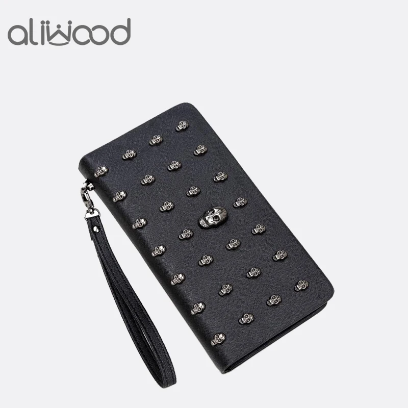 Бумажник Aliwood для женщин металлический кожаный черный кошелек с черепом