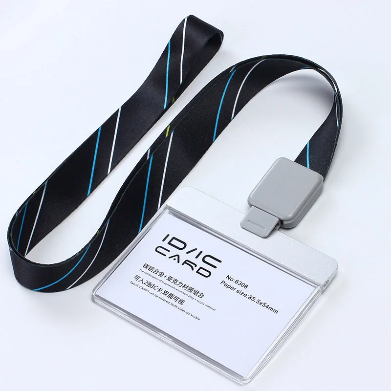 Acrylic Clear Access Card ID IC Card Badge Holder Work Card with Polyester Lanyard,Factory Price, LOGO Custom Lanyard - Цвет: H black set