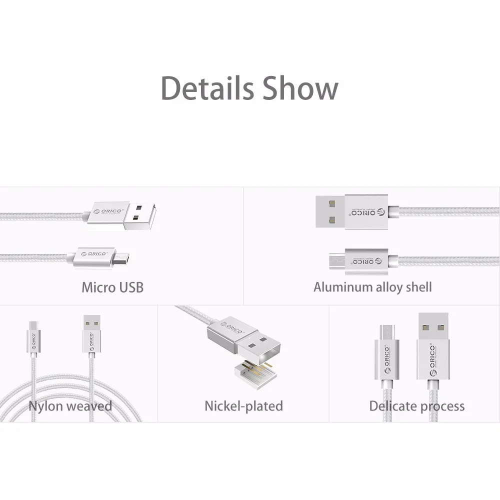 ORICO USB кабель для зарядки и передачи данных с нейлоновой оплеткой, металлический штекер, Micro USB кабель для samsung, sony, htc, 1 м, серебристый