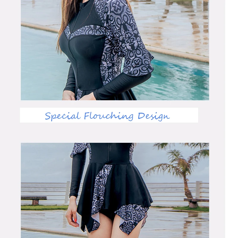 

2019 3 Pieces Swimsuit Long Sleeve Swimwear Women Bathing Suit Retro Swimsuit Swim Skirt Surfing Ladies Beach Rashguards