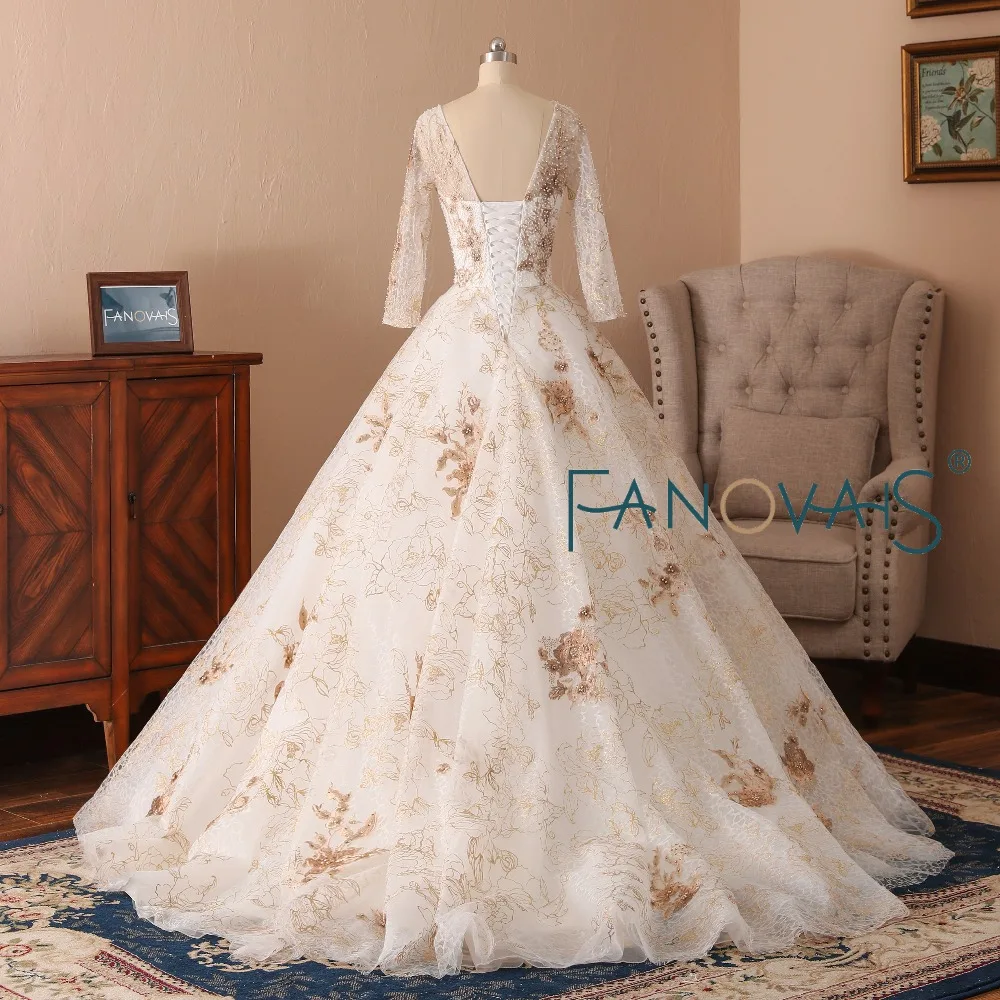 Золотые свадебные платья 2019 жемчуг с длинными рукавами Vestido de Novia gelinlik robe mariage
