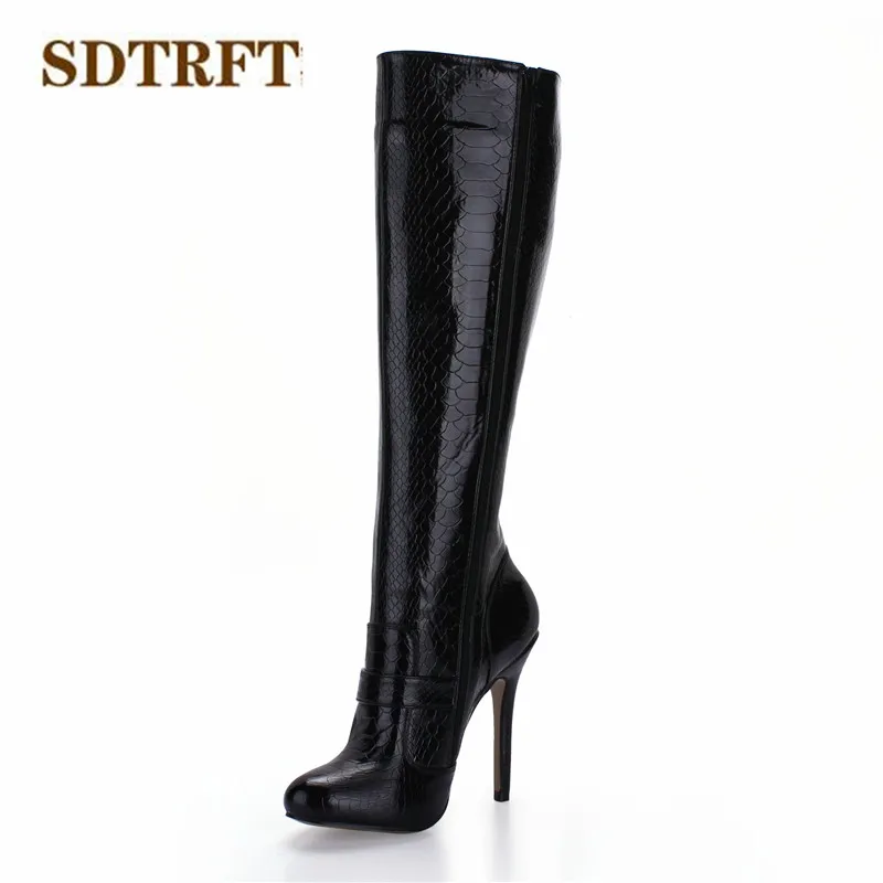 

SDTRFT Stilettos 12cm thin heeled Motorcycle Knee-High boots SM shoes Woman Botas Dress Snake Print Buckle pumps Plus:35-42 43