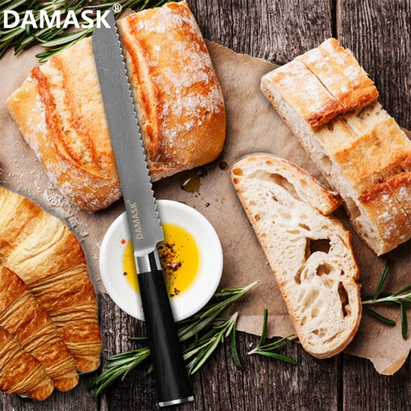 Дамаск Кухня ножей VG10 Сталь лезвие Пособия по кулинарии нож для хлеба Santoku