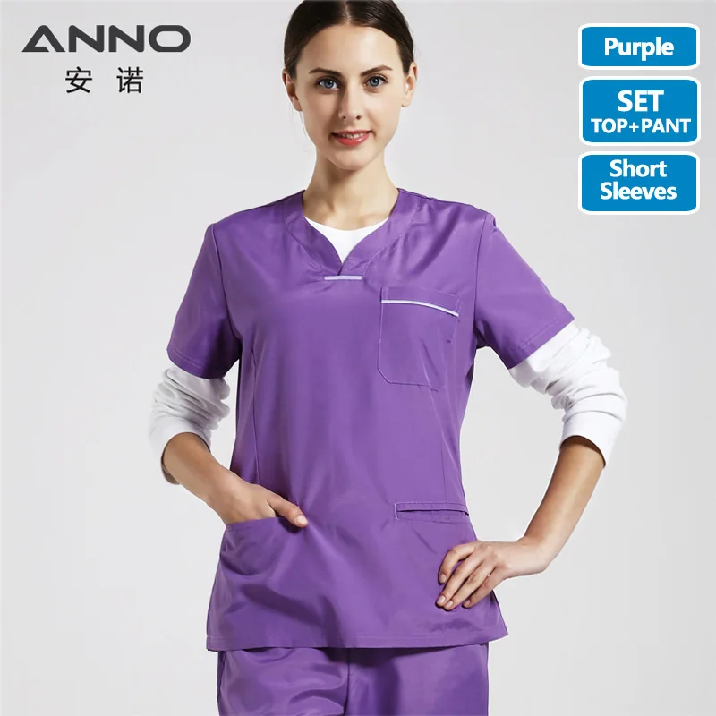 Purple(ZiSe) ANNO, медицинская одежда для тела, Женская Больничная униформа медсестры, Набор Хирургических скрабов для кормления, включает в себя топы и штаны, одежда для стоматолога - Цвет: Purple(ZiSe)
