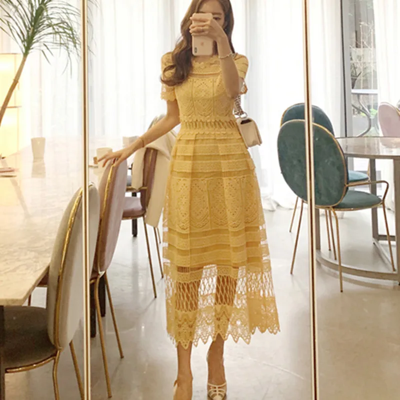 Photo Color Новое модное летнее открытое кружевное платье для женщин, с коротким рукавом, для праздников, большое Свободное длинное платье, повседневное милое желтое платье Vestidos - Цвет: Photo Color