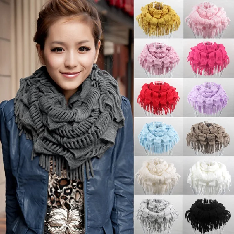 Зимний шарф хит 2016 модный новый женский однотонный теплый вязаный с бахромой