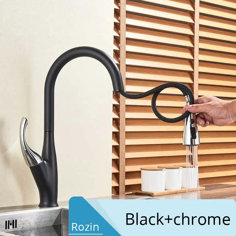 Black and Chrome Черный кухонный кран выдвижной смеситель для кухни ванной комнаты кран для горячей и холодной воды с одной ручкой струйный Распылитель кухонный носик - Цвет: Black and Chrome