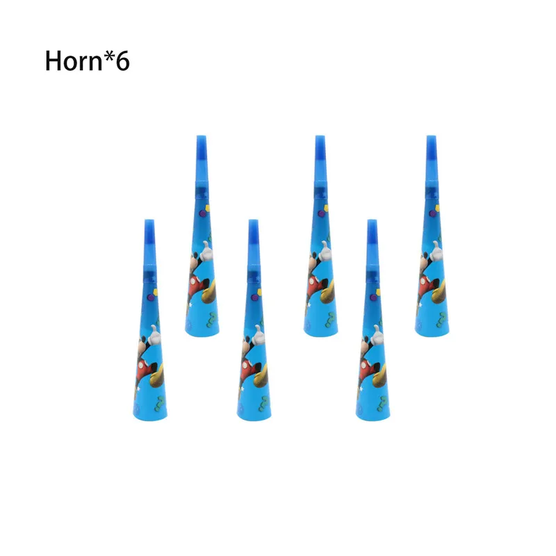 Horn 6pcs Микки Маус с днем рождения украшения одноразовые столовые приборы чашка тарелка соломенные салфетки мальчик синие вечерние принадлежности детский душ - Цвет: Horn 6pcs