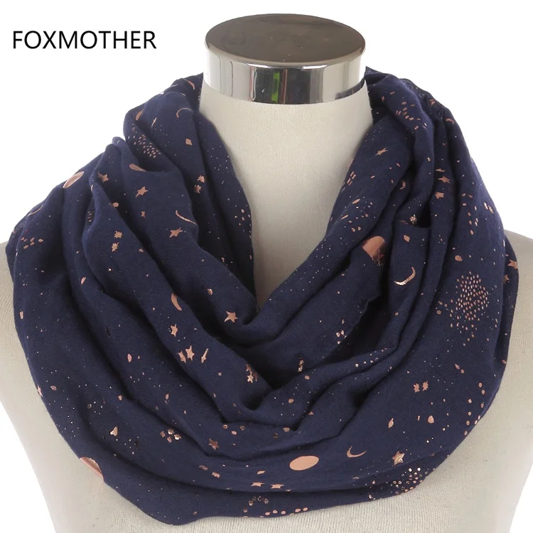 FOXMOTHER Бежевый Розовый Блестящий металлический фольгированный принт Звезда Луна солнце круг шарф кольцо платок для женщин шаль для женщин - Цвет: Navy Loop