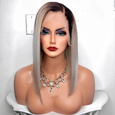 Ombre Grey Straight Омбре серый цвет человеческие волосы парики с глубокой частью линии перуанские волосы remy 13*6 парик фронта шнурка с волосами младенца 2 тона цвет парики - Цвет: Ombre Grey Straight