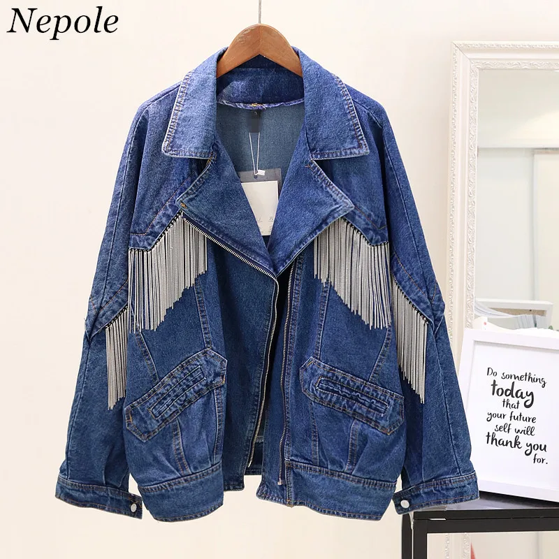 Neploe 2020 Spring Autumn Cool Girl Fashion Outwear Metal Tassel Women Denim Jacket Zipper Breasted Casual Loose Chic Coat 69342 | Женская