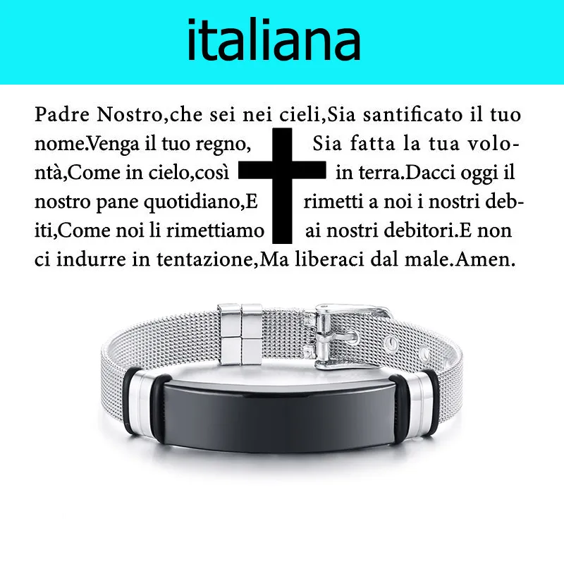 Italian Engraved Christian Lord's Prayer Black Silicone Bracelet Men German French Hebrew Multi Language - Metal Color: Italian