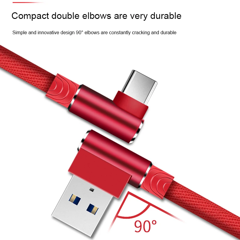 Кабель USB Type C под прямым углом для Xiaomi Mi 10 Pro Max 3 Samsung Galaxy S8 S9 S10 шт./лот 1 м 90
