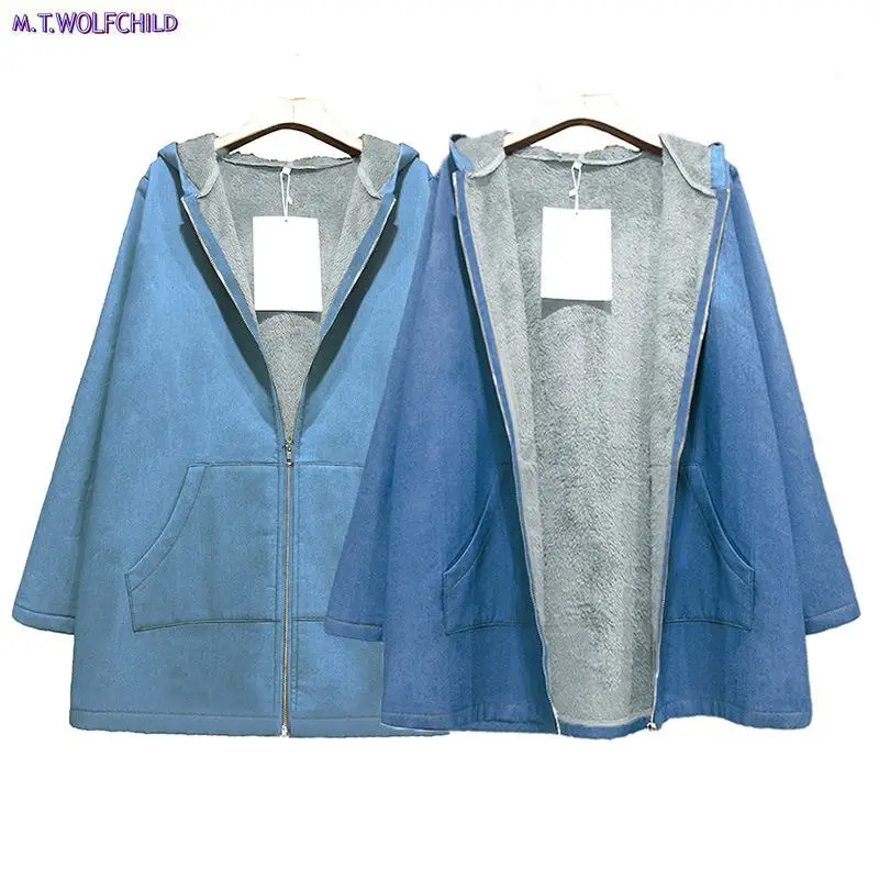 Мода 2018 зимние женские плотные джинсовые пальто с капюшоном Повседневный