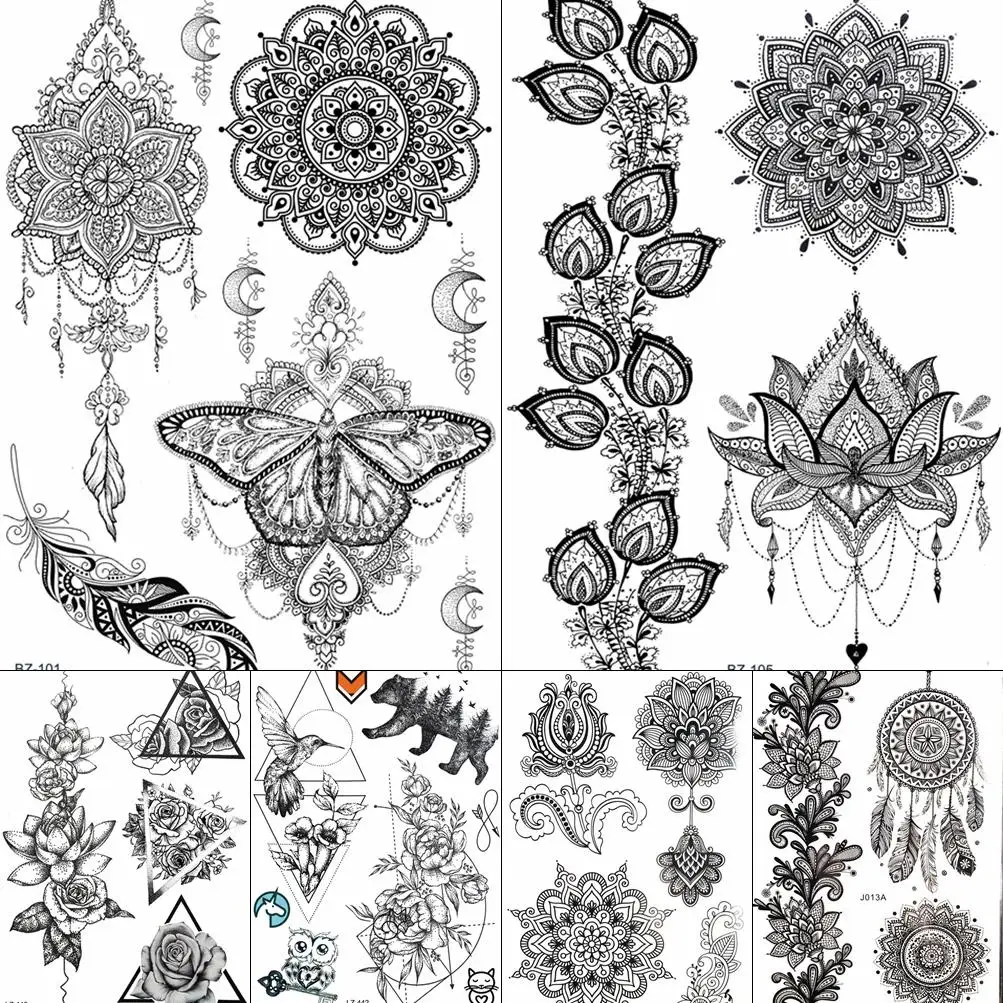 Серьги Henna Mandala цветок переводная вода поддельные татуировки наклейки Черный ухо