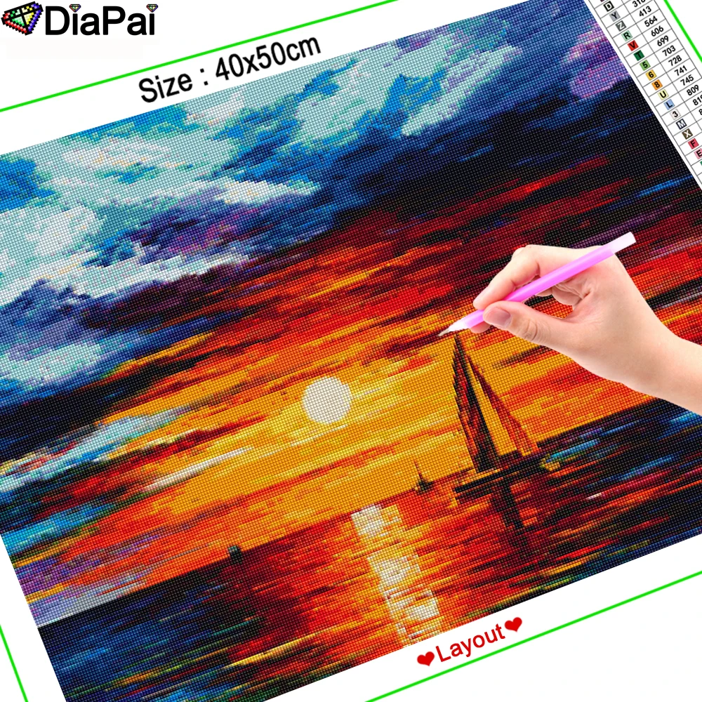 DIAPAI 5d алмазная картина полностью квадратная/круглая &quotЗакат Лодка Пейзаж&quot из