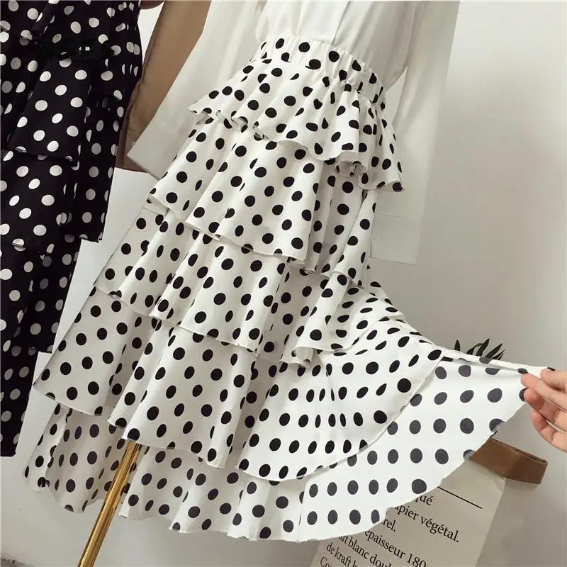 Wsfs летняя шифоновая бот юбка черная белая эластичная талия оборки длинные юбки