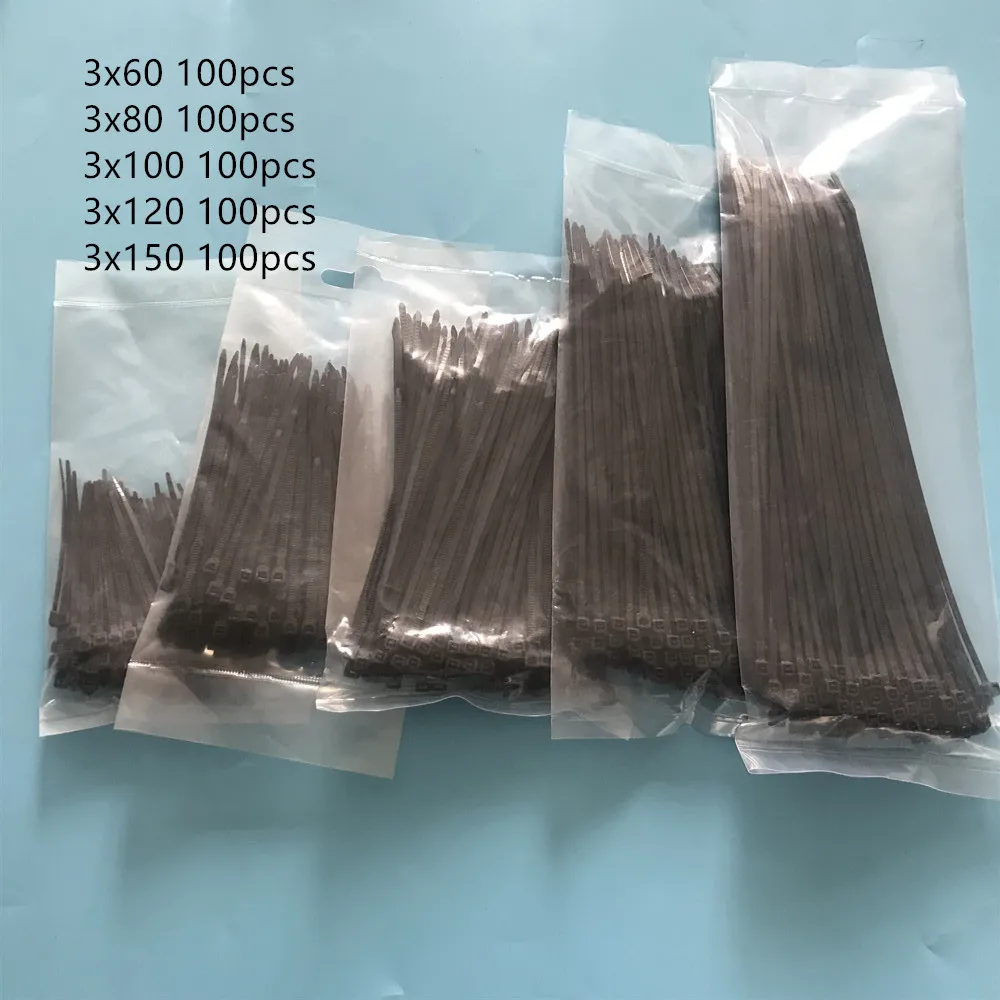 500pcs black 500 шт. 3x60 3x80 3x100 3x120 3x150 мм Ассорти самоблокирующиеся Нейлоновые кабельные стяжки черные пластиковые стяжки на молнии - Цвет: 500pcs black