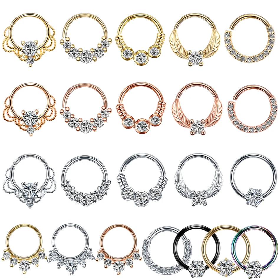 

1PC Copper Crystal Nose Hoop Rings Real Pierced Ear Septum Helix Daith Rook Gem Ear Tragus Labret Nose Clicker Piercing Jewelry