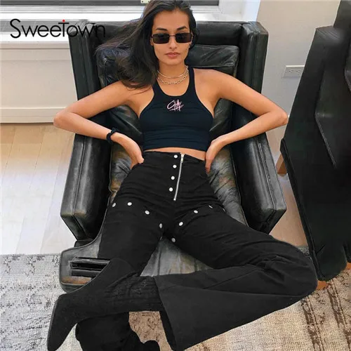 Sweetown/черные брюки-клеш в стиле панк-рок; женская уличная одежда с заклепками в стиле пэчворк; съемные брюки на молнии; брюки с высокой талией - Цвет: black